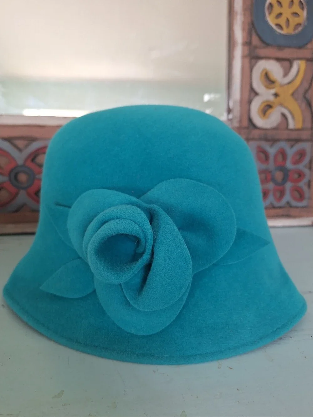Lord & Taylor Teal Felt Cloche Hat with 3-D Floral Detail